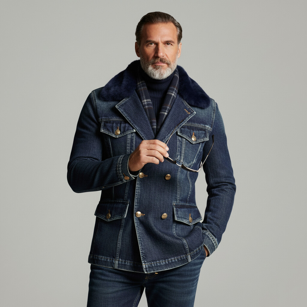 Men's Navy Blue Fur Lapel Collar Double Breasted Long Sleeve Denim Jacket