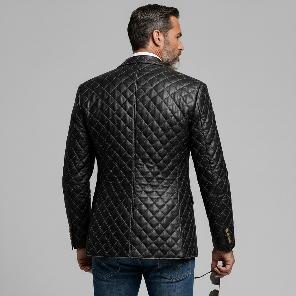 Men's Business Black Notch Lapel Long Sleeve Button Quilted PU Leather Blazer