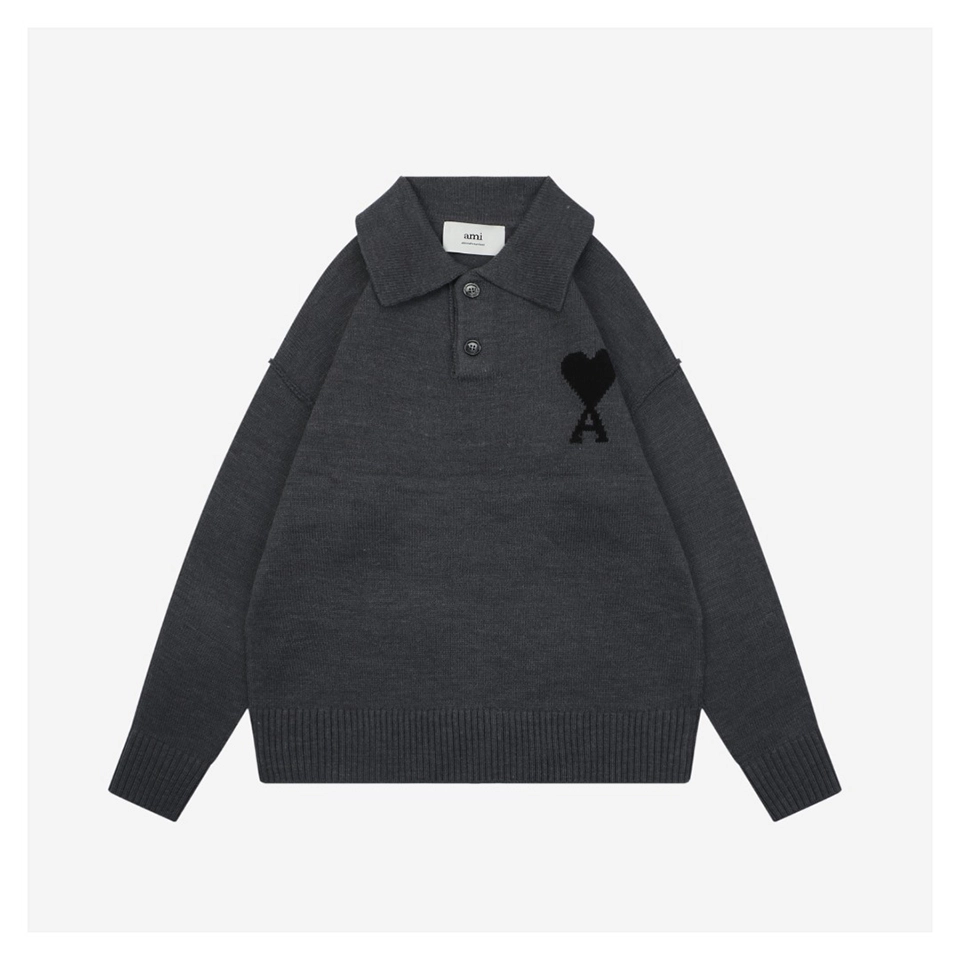 Ami Heart Logo Polo Knit Sweater (White/Black)