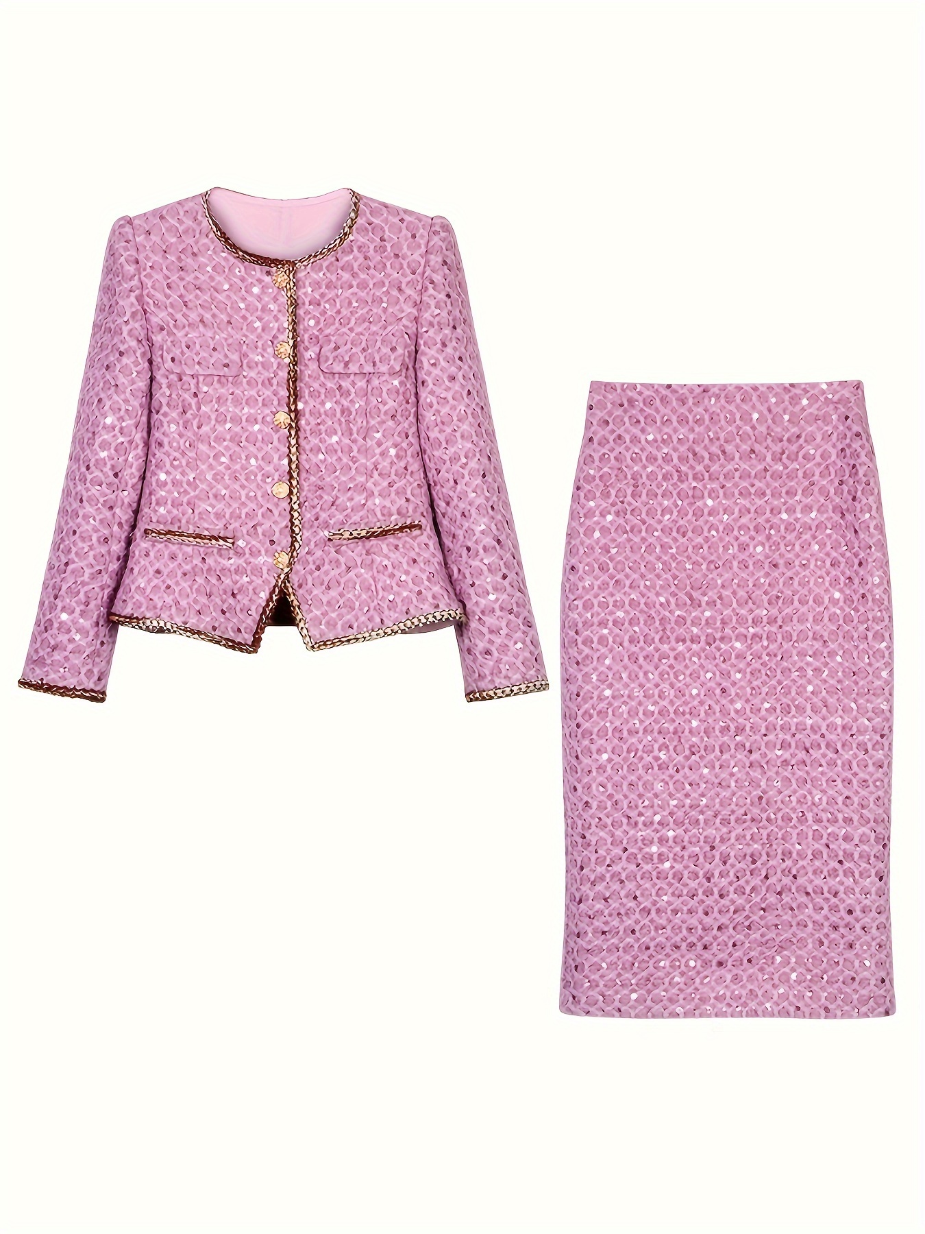 Elegant Peony Purple Sequin Coarse Tweed Two-Piece Set, Crew Neck Long Sleeve Geometric