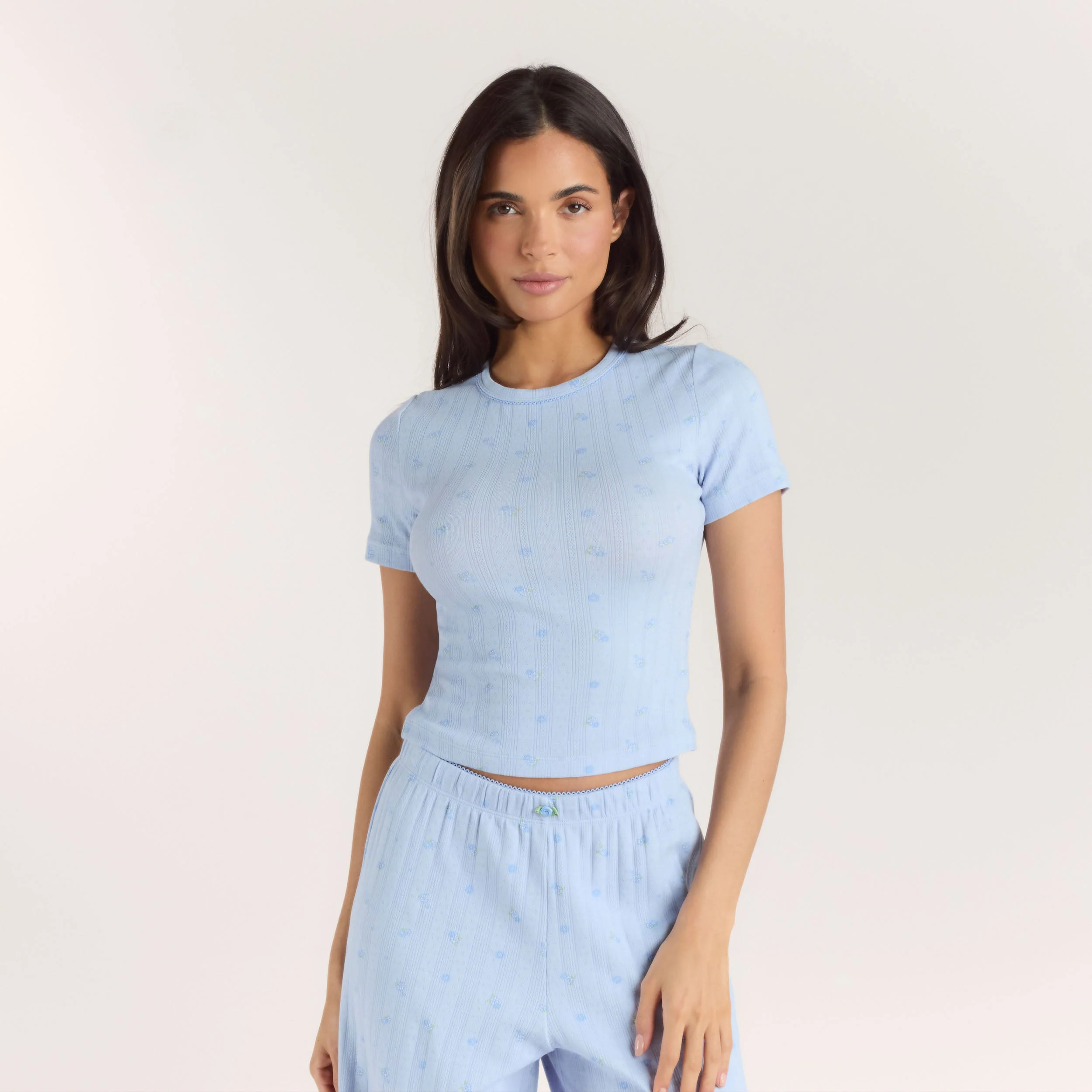 Pointelle Fitted Pajama Top - Blue Floral