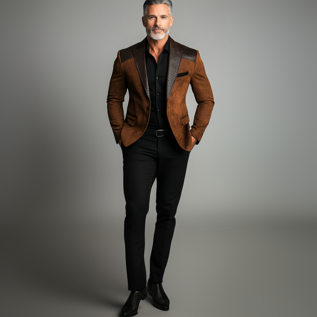 Men's Business Suede Splicing PU Leather Lapel Collar One Button Blazer