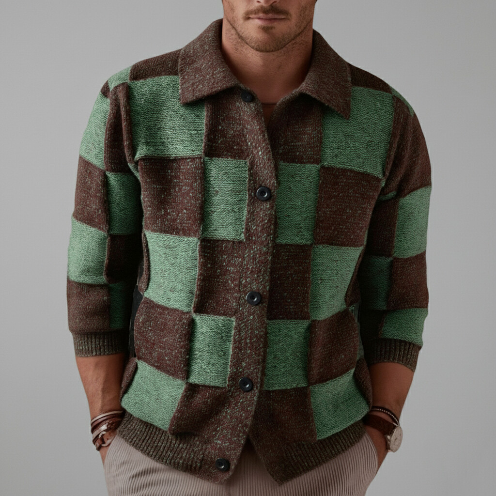 Men's Brown And Green Checkerboard Pattern Turndown Collar Button Long Sleeve Knit Cardigan