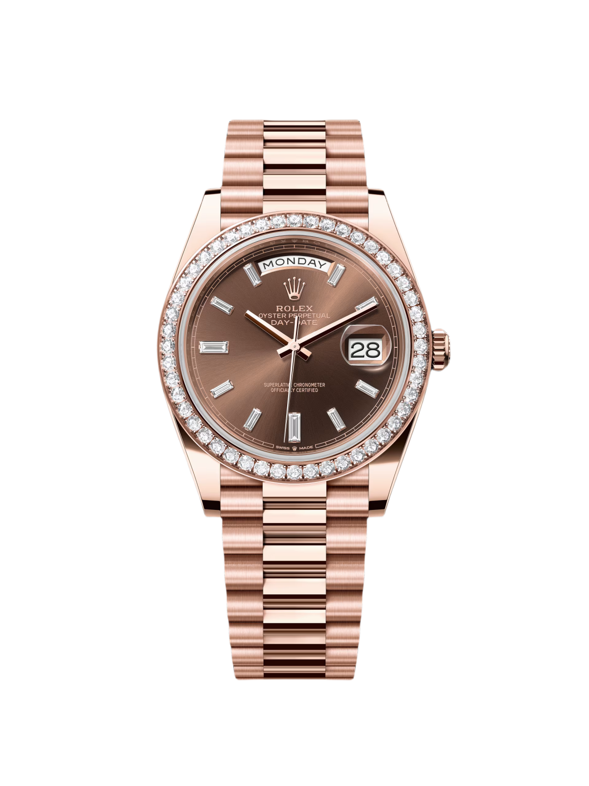 [2026 Mirror Grade]RLX  Day-Date 40mm Chocolate Baguette Diamond Dial Diamond Bezel Dial Watch 228345RBR