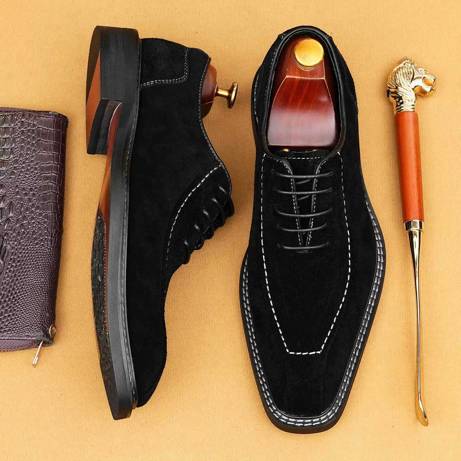 Handmade Square-Toe Lace-Up Dress Shoes for Men 96187