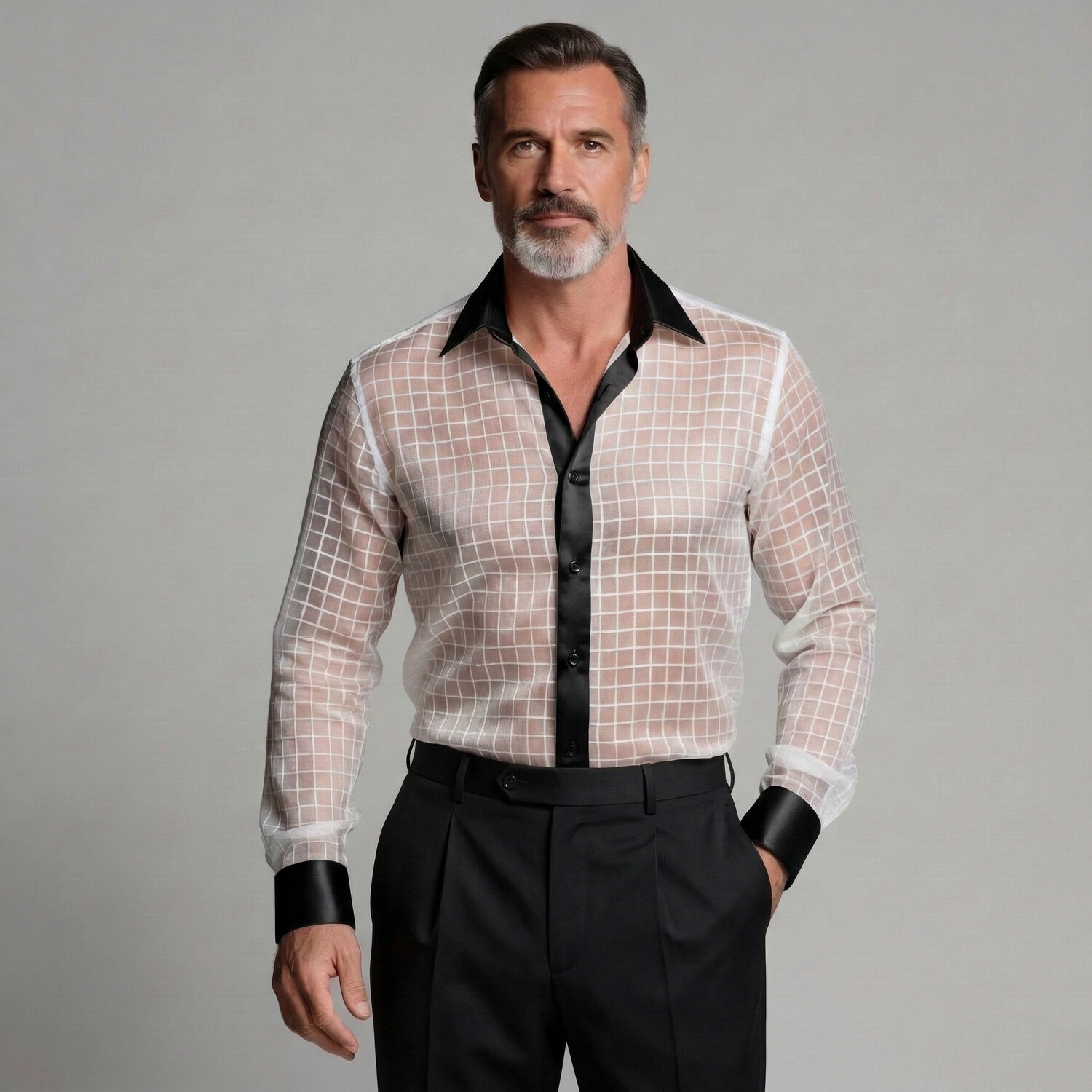 Men's Sheer Grid Print Organza Patchwork Contrast Satin Trim Long Sleeve Shirt