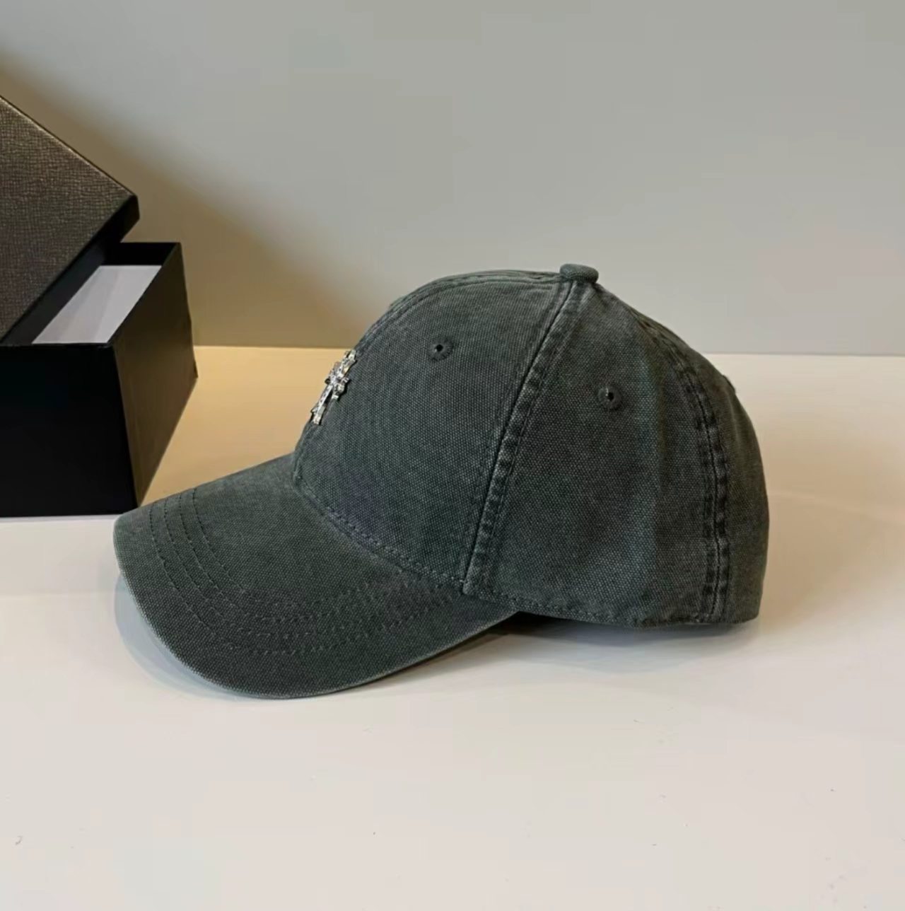 Chrome Hearts Diamond Cross Distressed Washed Denim Baseball Cap