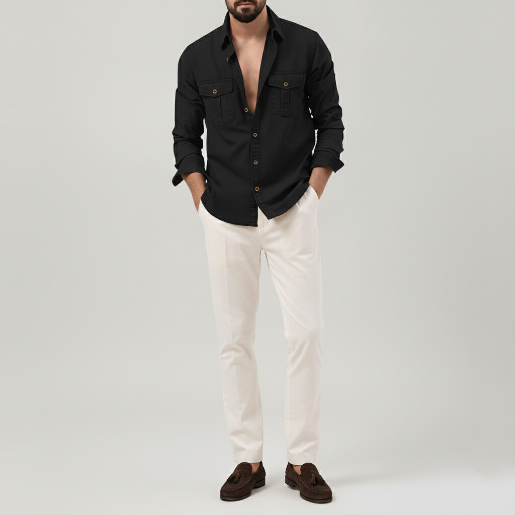 Men's Casual Single Breasted Chest Pocket Long Sleeve Shirt