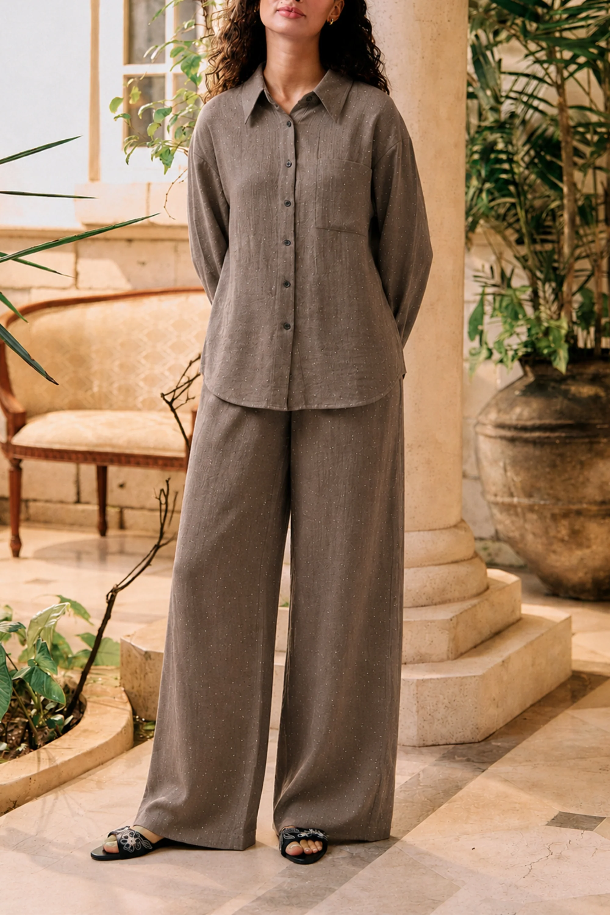 Dark Fawn Sparkly Linen Co-ord Set