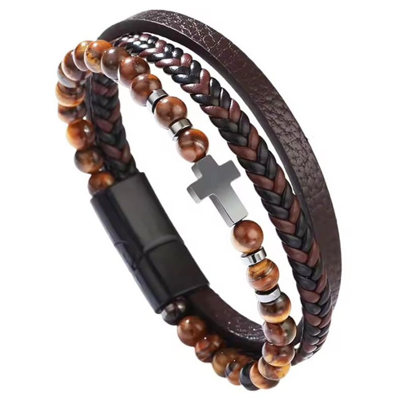 Men's Multi Layer Braided Cross PU Leather Bead Bracelet