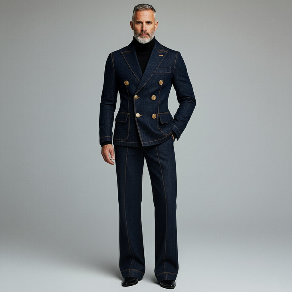 Men's Navy Blue Denim Double Breasted Contrast Stitched Flap Pockets Blazer & Jeans 2Pcs Set