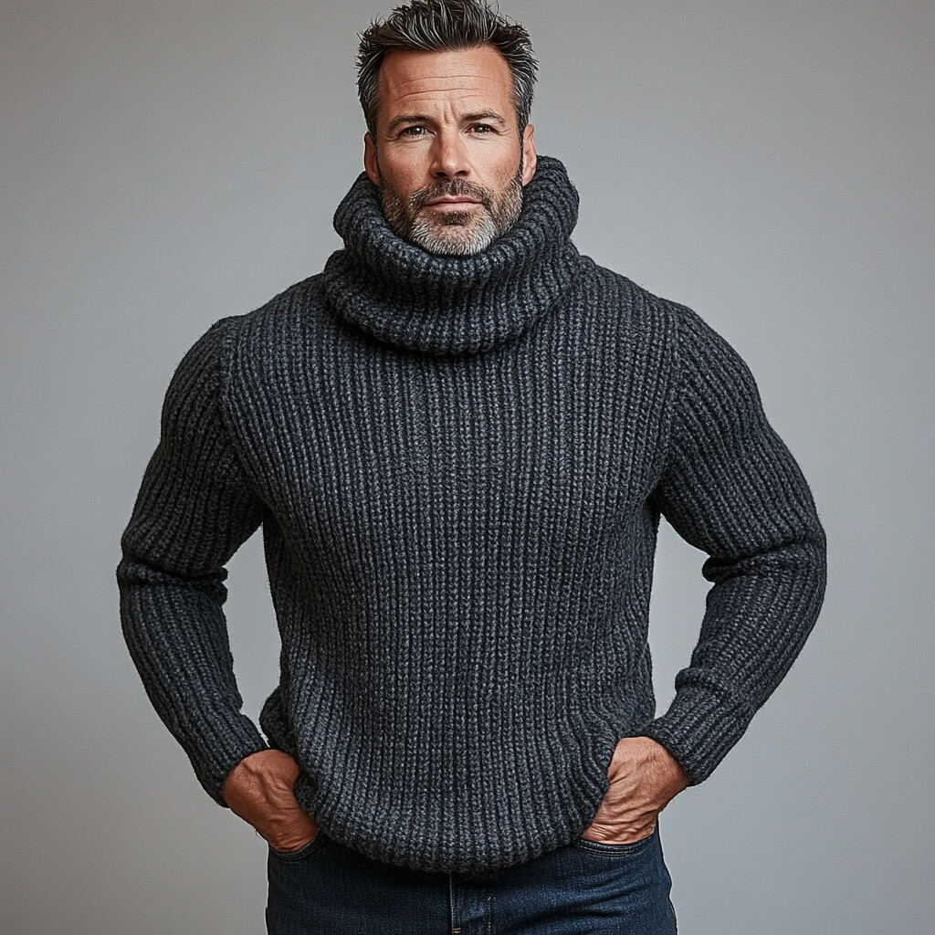 Men's High Neck Long Sleeve Rib Knitted Sweater