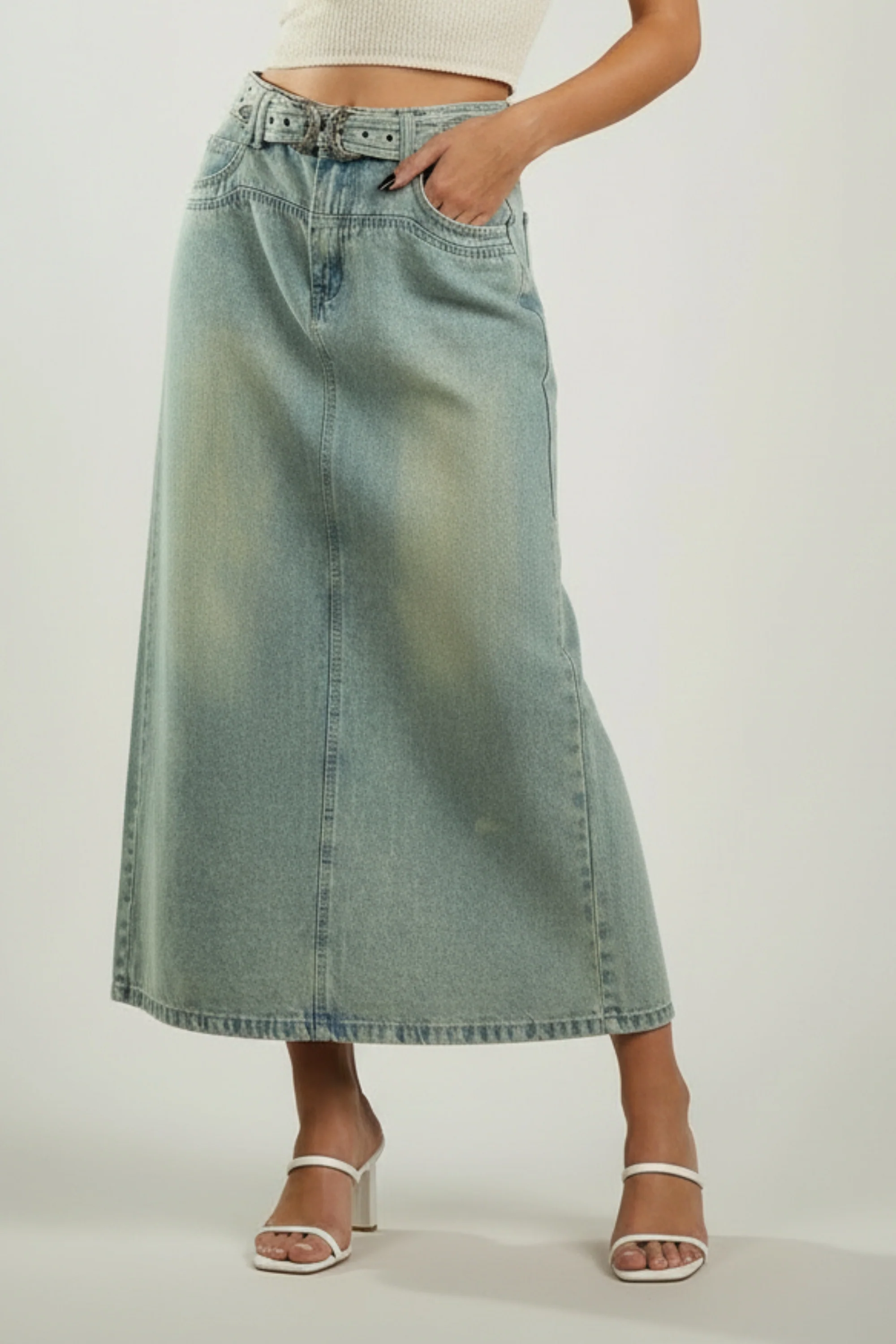Denim Skirt With Buckle Belt