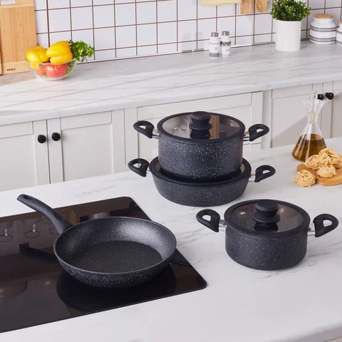 Karaca Nebula – Set De Batterie de Cuisine 7 Pièces, Granité, Induction, Noir