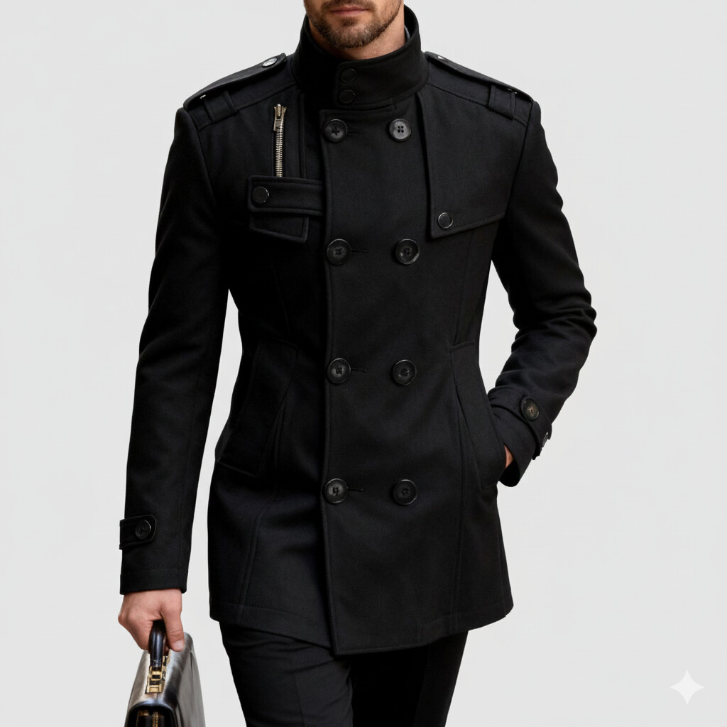 Men's Khaki Stand-Up Collar Long Sleeve Double Breasted Pocket Woolen Trench Coat