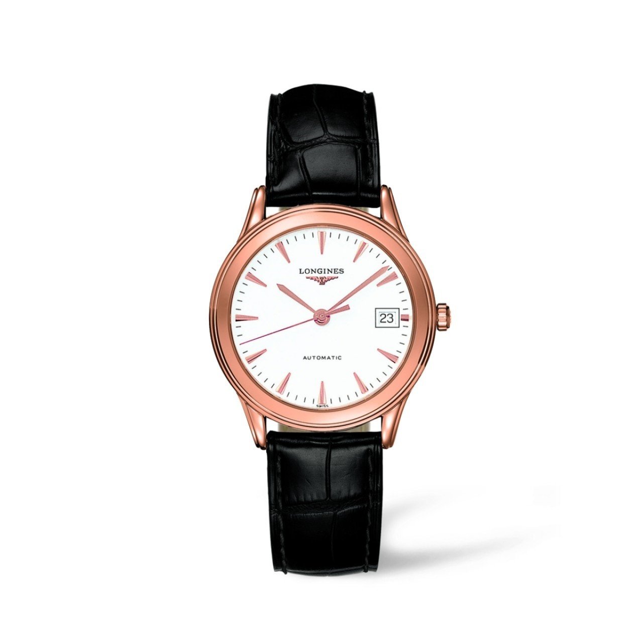 [2026 Mirror Grade]Longines Men's L47748222 La Grandes Classiques Flagship 18kt Rose Gold Automatic Black Leather Watch