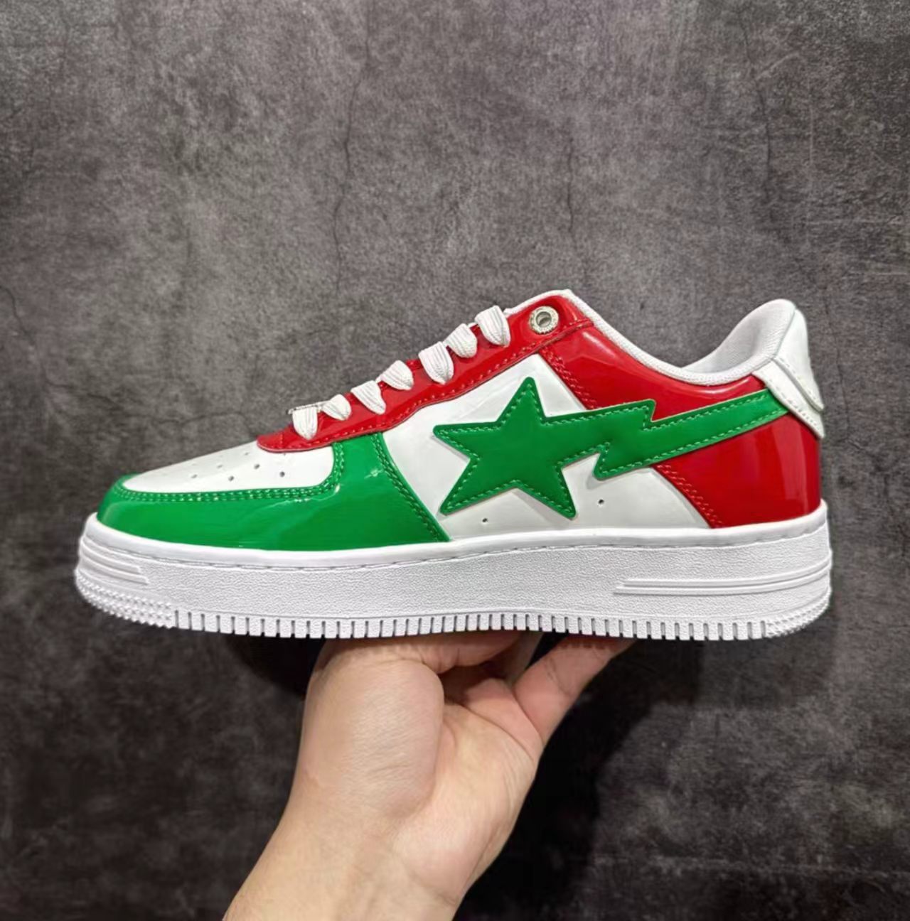 A Bathing Ape Bape Sta Low White Red Green Patent Leather