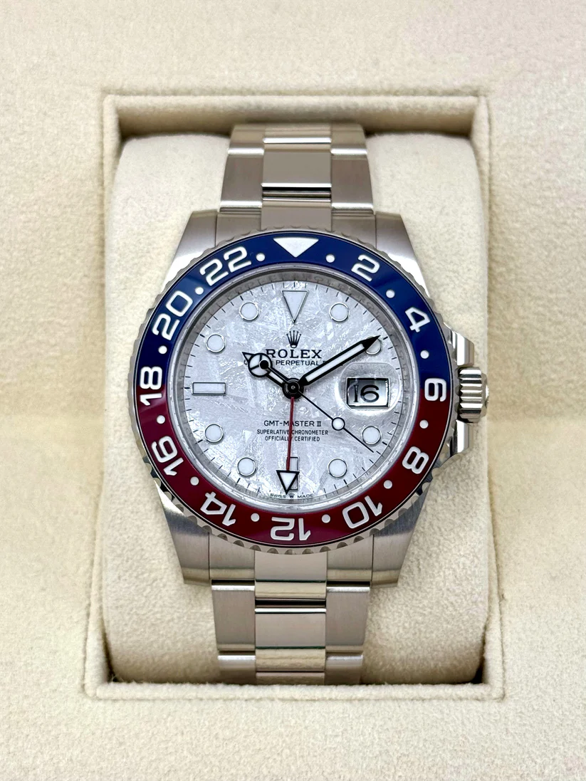 [2026 Mirror Grade]RLX White Gold GMT-Master II 40mm Watch - Blue and Red Pepsi Bezel - Meteorite Dial - Oyster Bracelet (Ref # 126719BLRO )