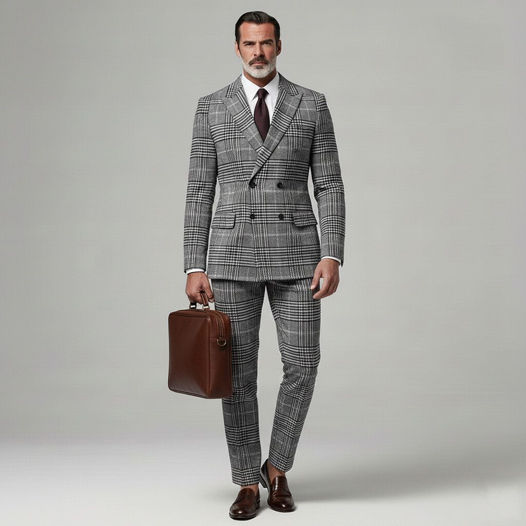 Men's Business Plaid Notched Lapel Long Sleeve Blazer & Straight Leg Pants 2Pcs Set