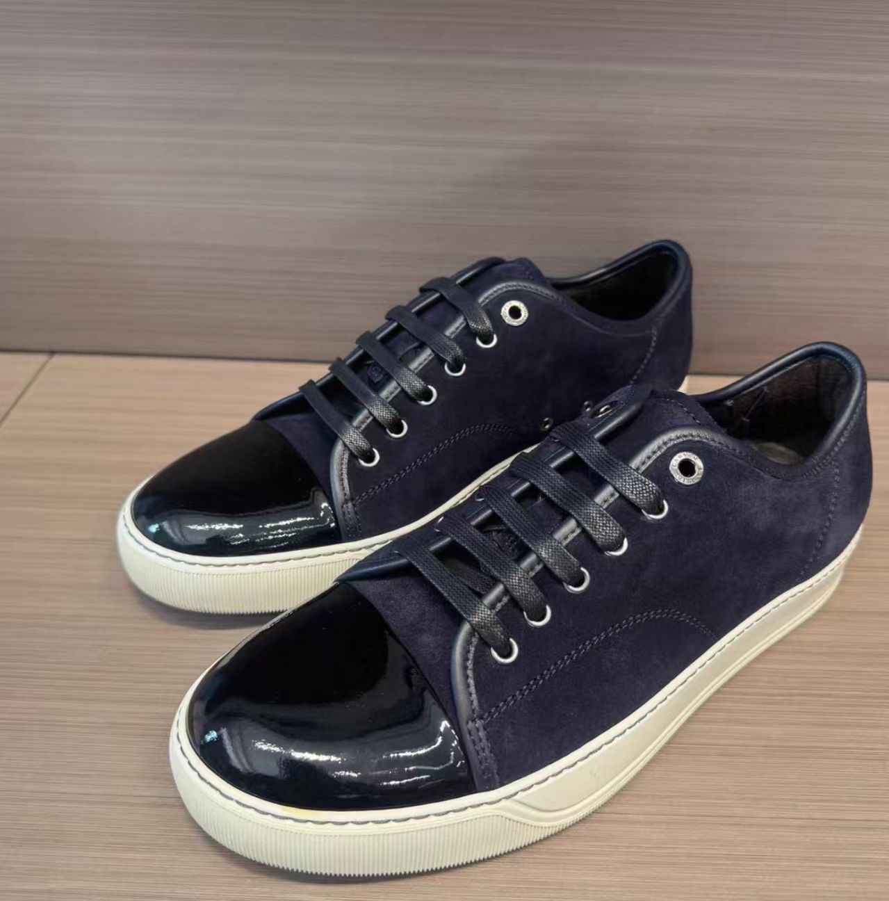Lanvin Patent Cap Toe Suede Sneakers