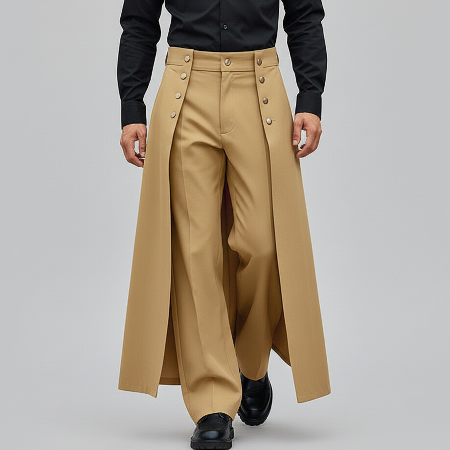 Men's Casual Black Buttons Layered Straight Leg Pants
