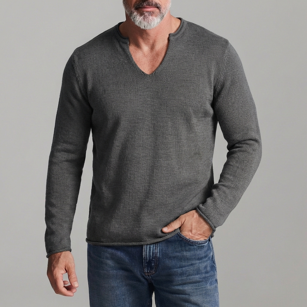 Men's Casual Solid V Split Neck Long Sleeve Knit Sweater