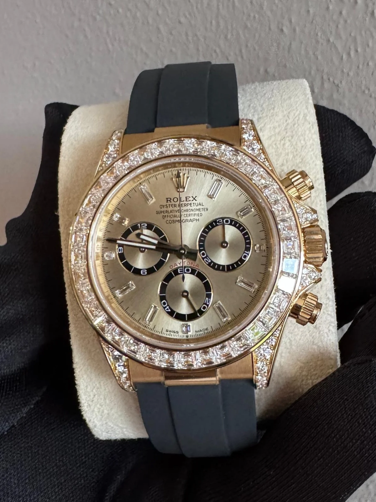 [2026 Mirror Grade]Rolex Cosmograph Daytona 40mm Yellow Gold Diamond Baguette Champagne Dial Diamond Bezel Oysterflex - 126538TBR