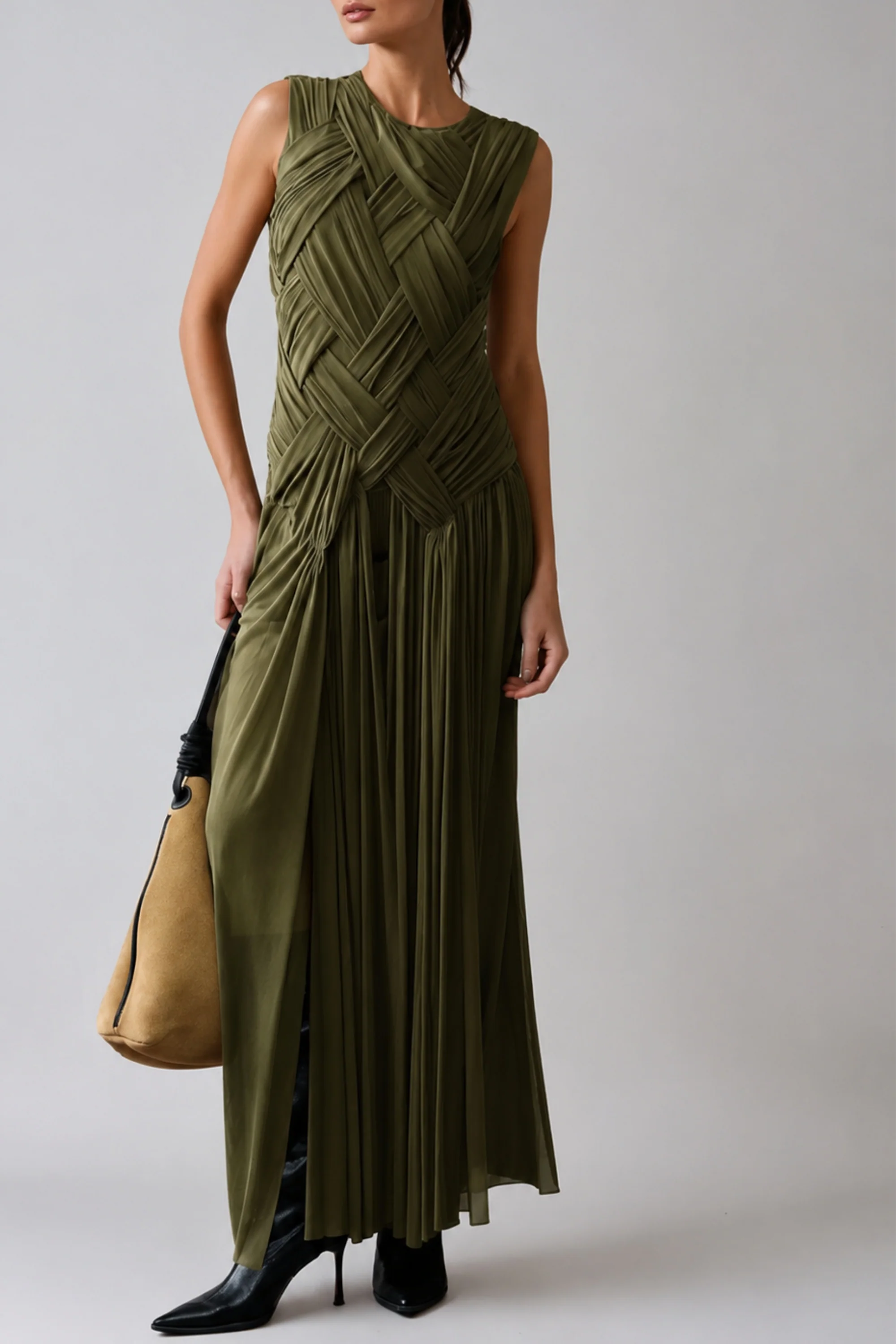 Olive Braided Slit Maxi Dress