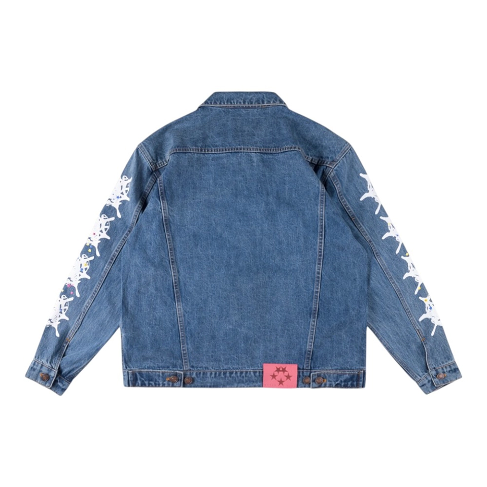 Sp5der Washed Blue Graphic Sleeve Denim Jacket
