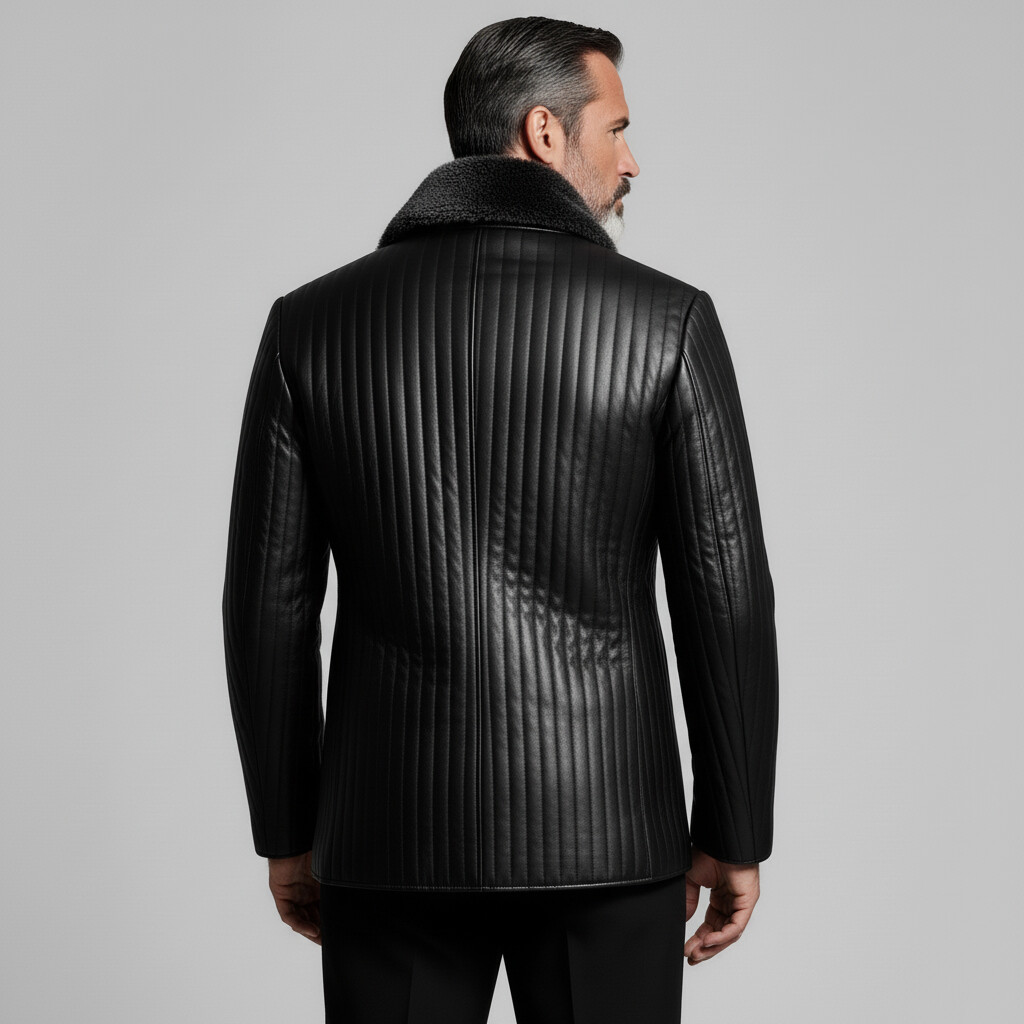 Men's Black Furry Collar Long Sleeve Double Breasted Pocket Vertical Quilted PU Leather Jacket