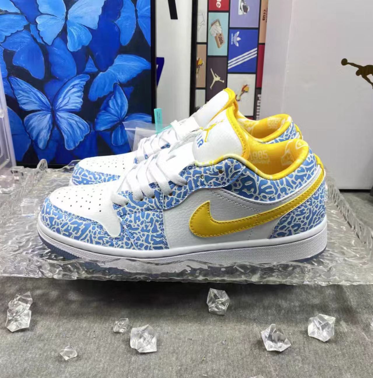 Air Jordan 1 Low White Blue Elephant Print Yellow Swoosh