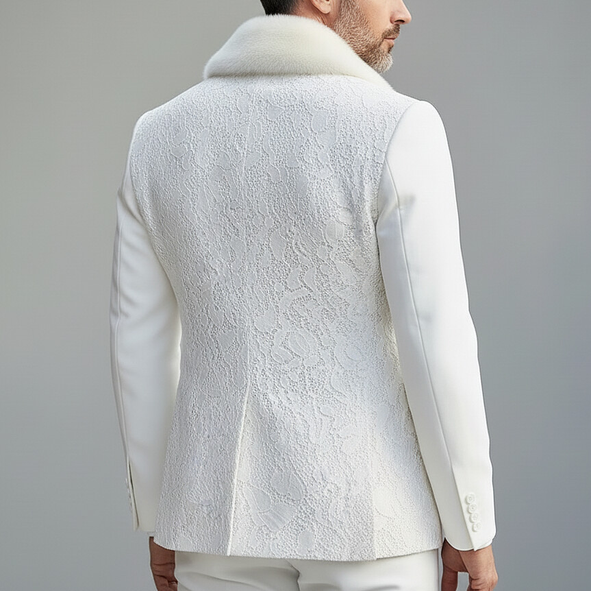 Men's White Lace Furry Collar Lapel One Button Long Sleeve Blazer