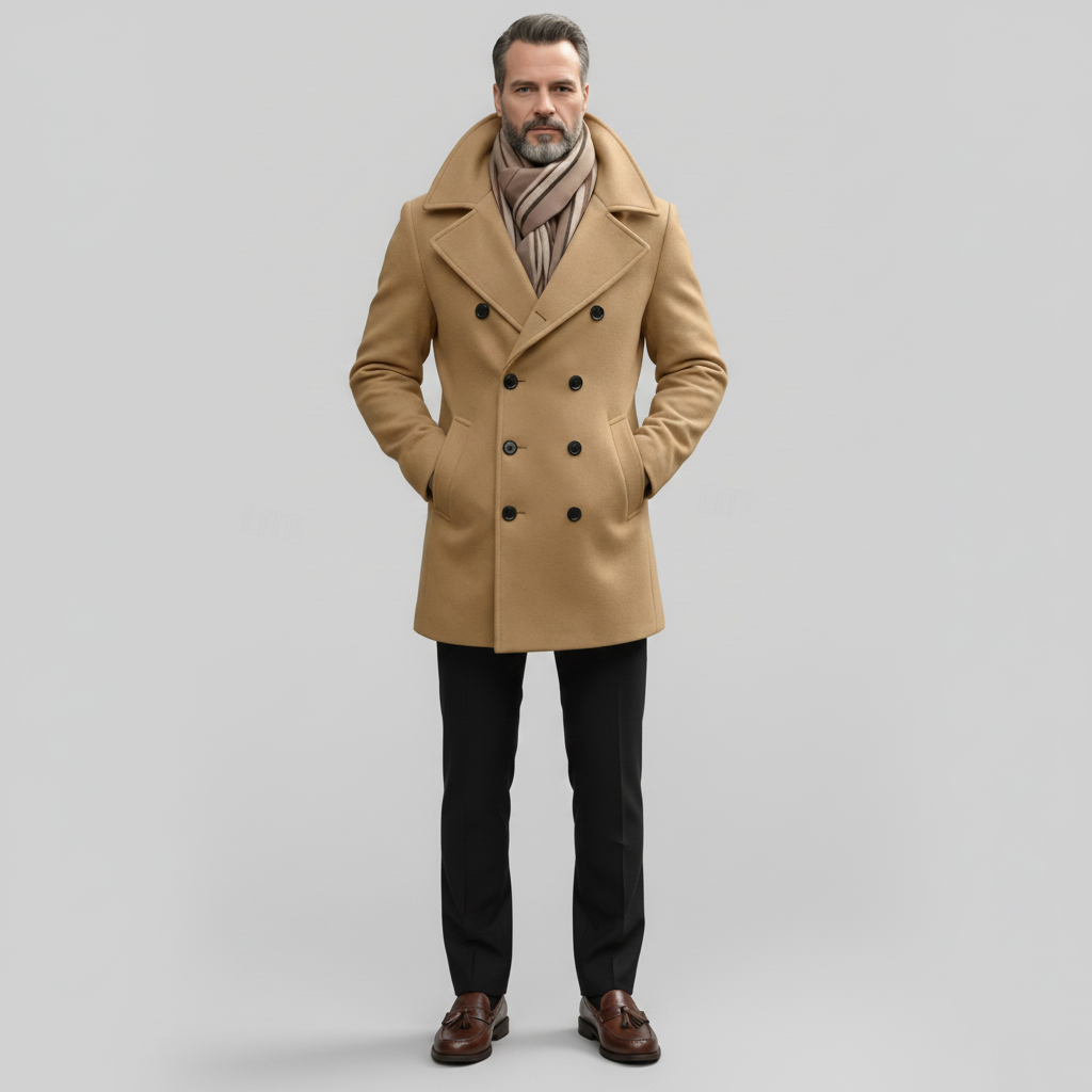 Men's Business Casual Lapel Collar Double Breasted Long Sleeve Pocket Trench Coats