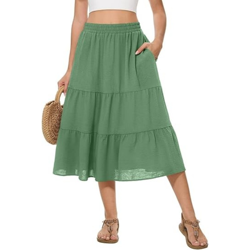 Women's Tiered Ruffle High Waist A‑Line Summer Midi Skirt