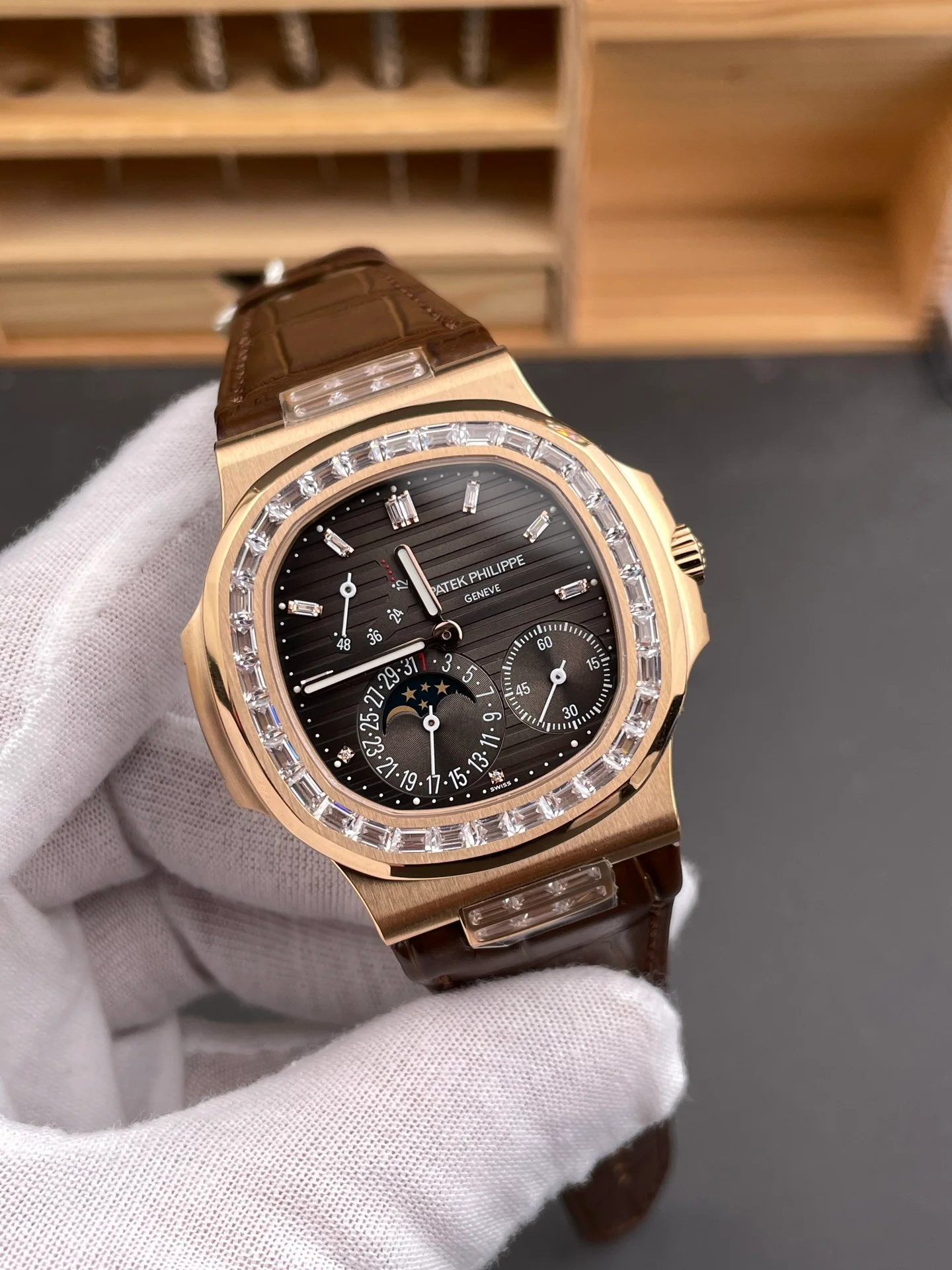 Nautilus 5724 with Baguette Diamond Bezel, Rose Gold Dark Brown Dial