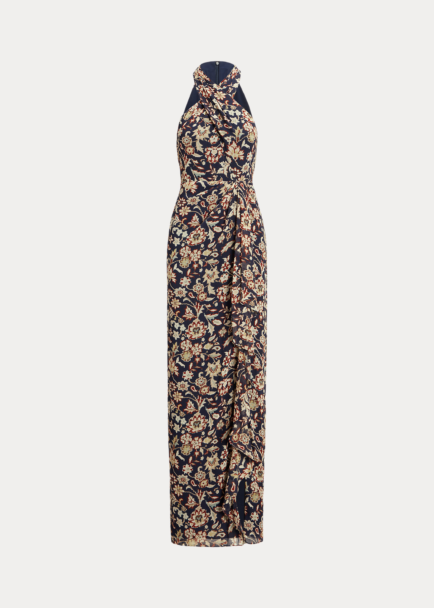 Floral Ruffle-Trim Georgette Halter Gown
