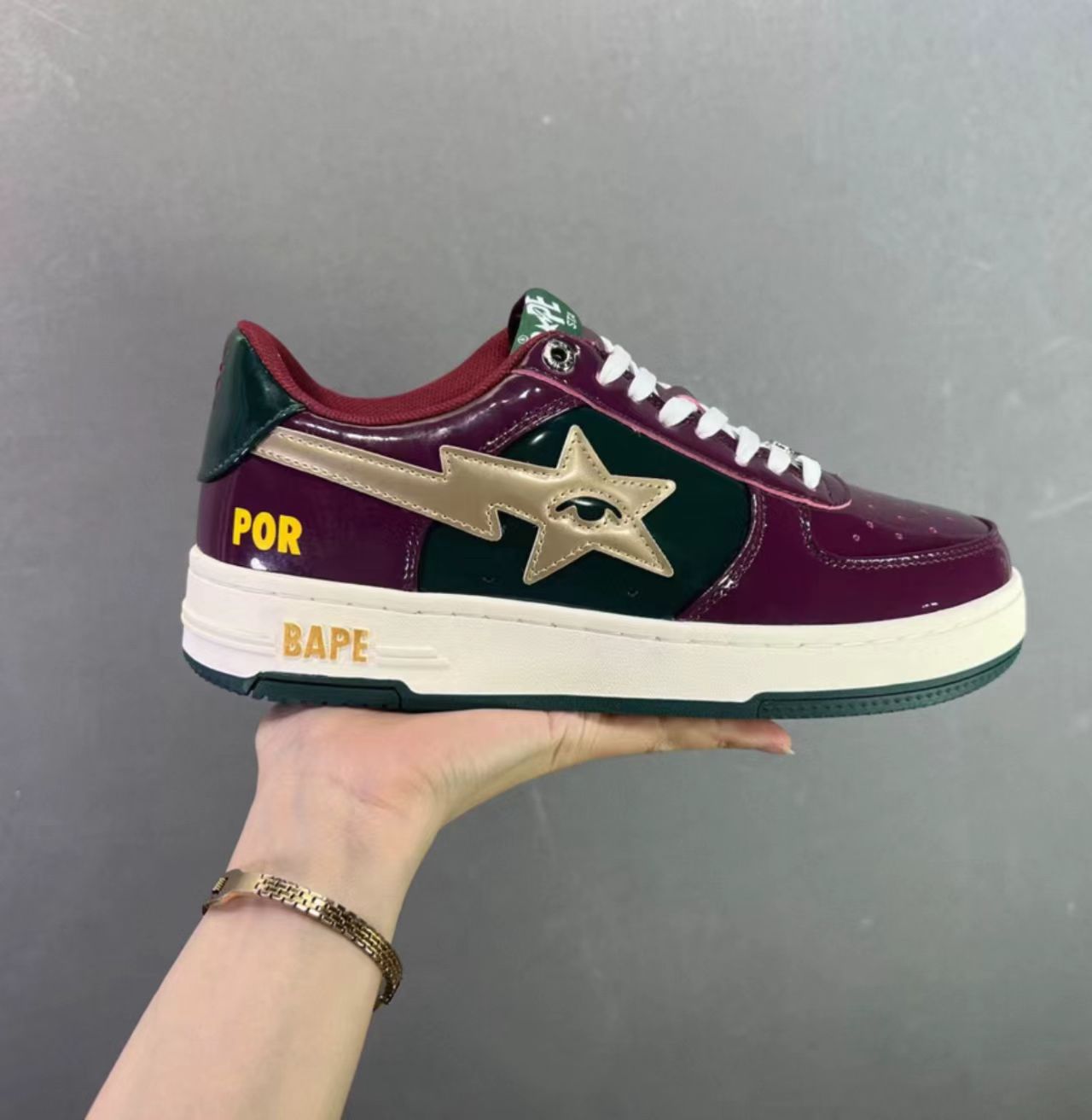 A Bathing Ape Bape Sta Low Burgundy Green Gold Patent Leather