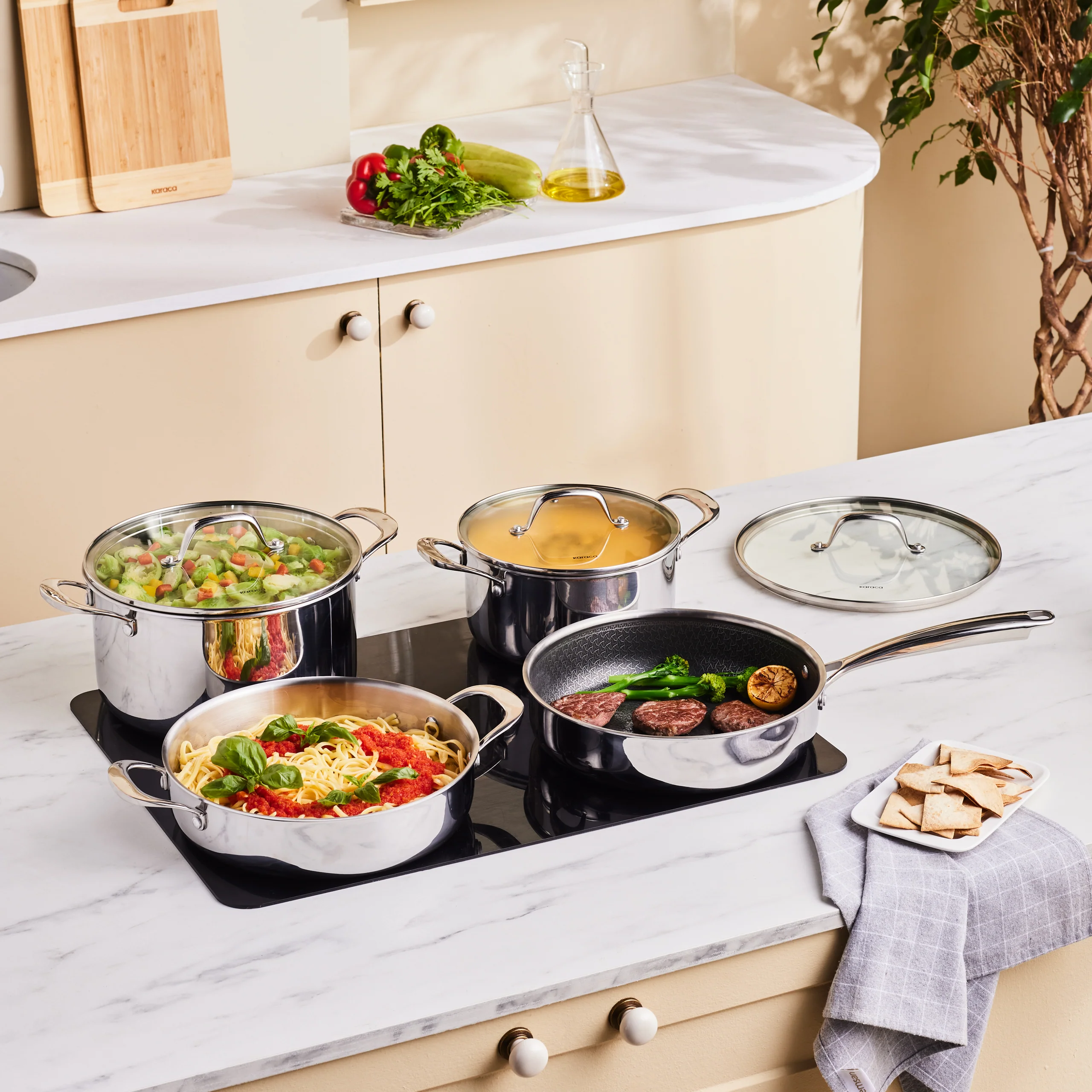 Karaca 3Ply, Batterie de Cuisine à Induction 7 pièces, Argentée