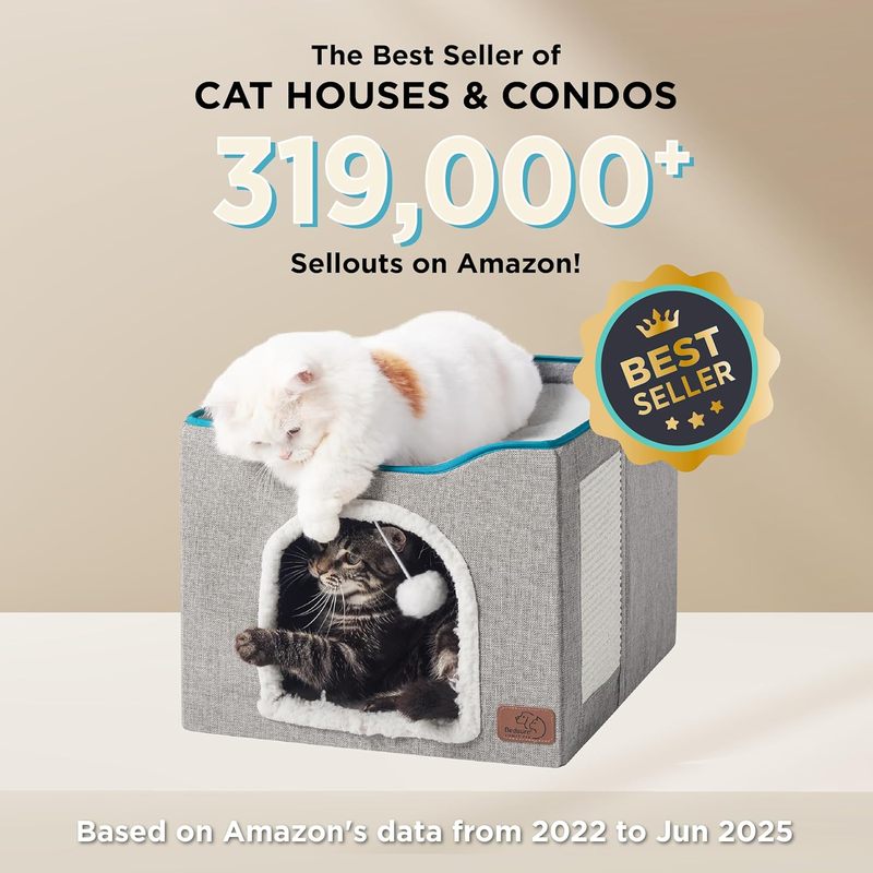 Cat House Bed for Indoor Cats with Fluffy Ball and Scratch Pad, Gray| 16.5x16.5x13 inches, Large Cat Cave for Multiple Pets, Foldable Cat Hiding Cube for Sleeping Kittens