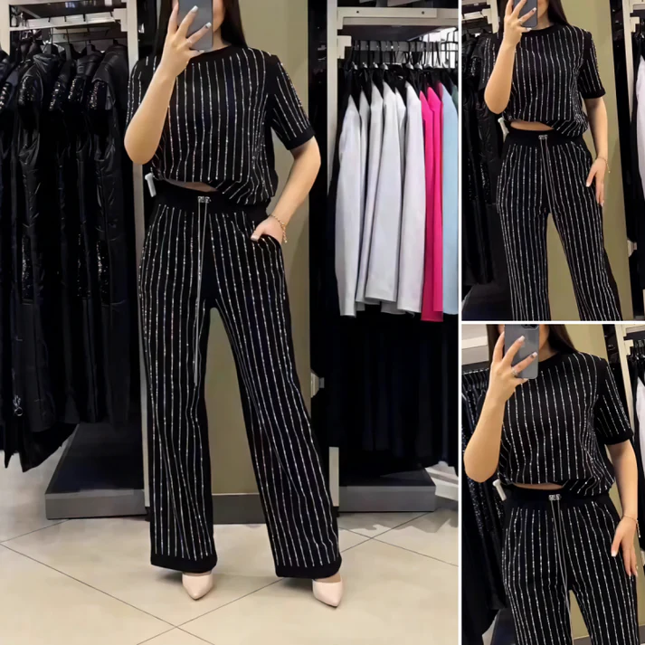 Limited Time Discount Fashion 💖Women's Sparkling Rhinestone Striped Knit Two-Piece Set