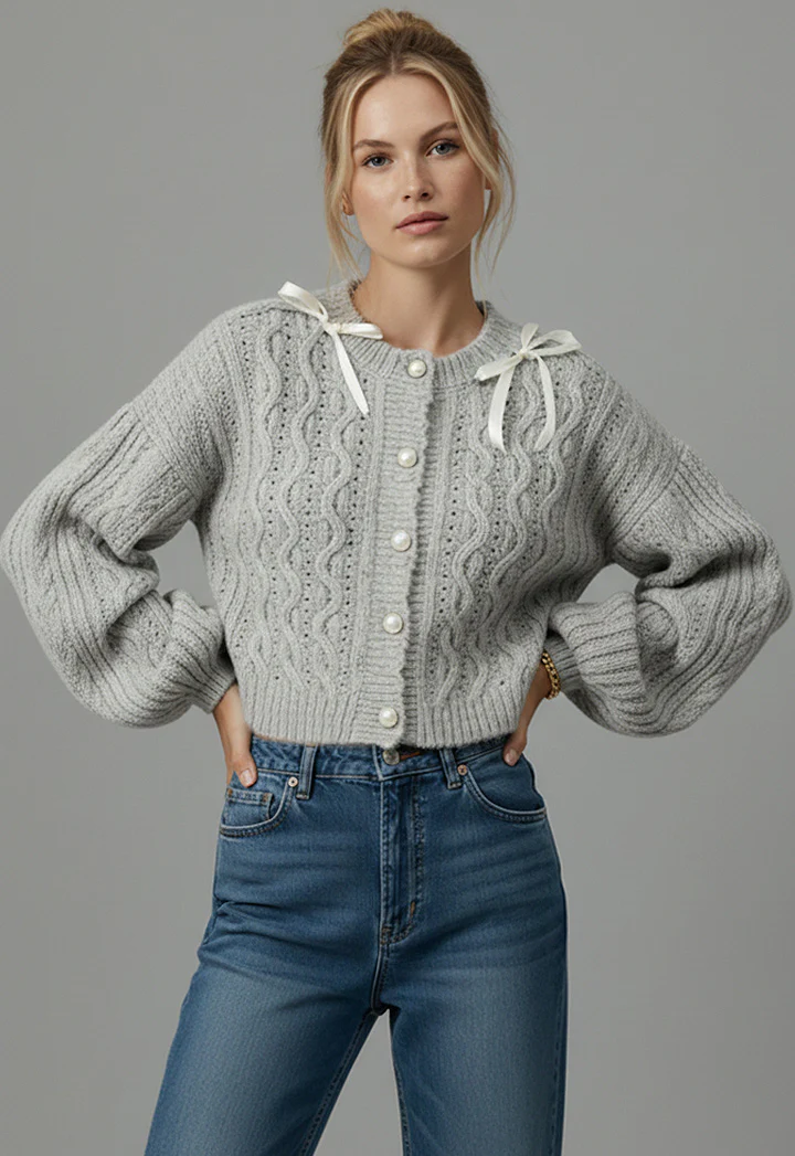 SCALLOP PATTERN RIBBON BOW SWEATER CARDIGAN