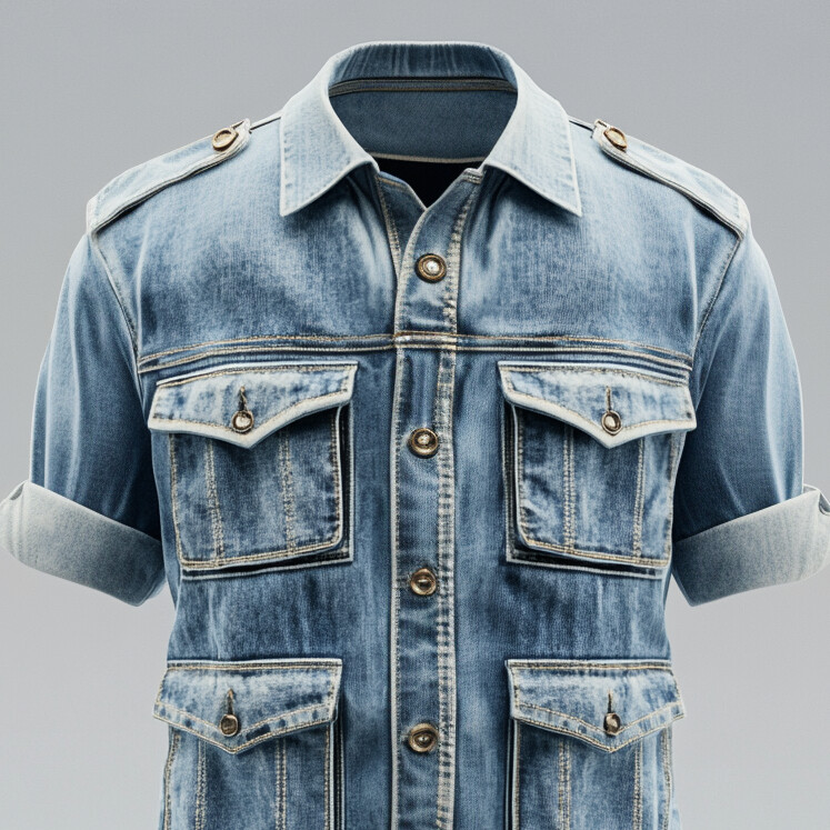 Men's Turndown Collar Long Sleeve Flap Pocket Denim Safari Shirt