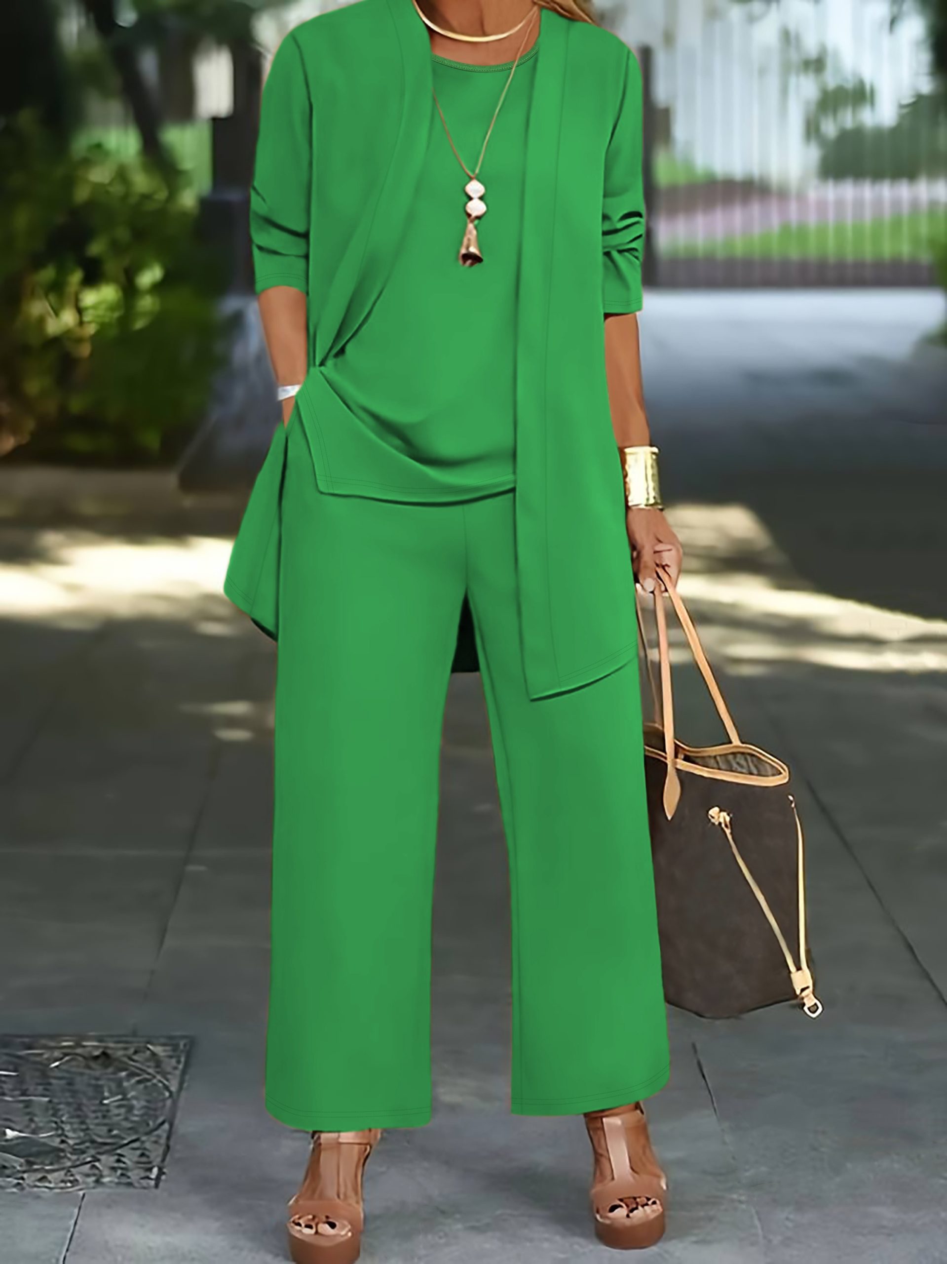 Plus Size Three-Piece Outfit Set – Soft Solid Color Open Front Top, Crew Neck Tank Top, and Comfortable Pants