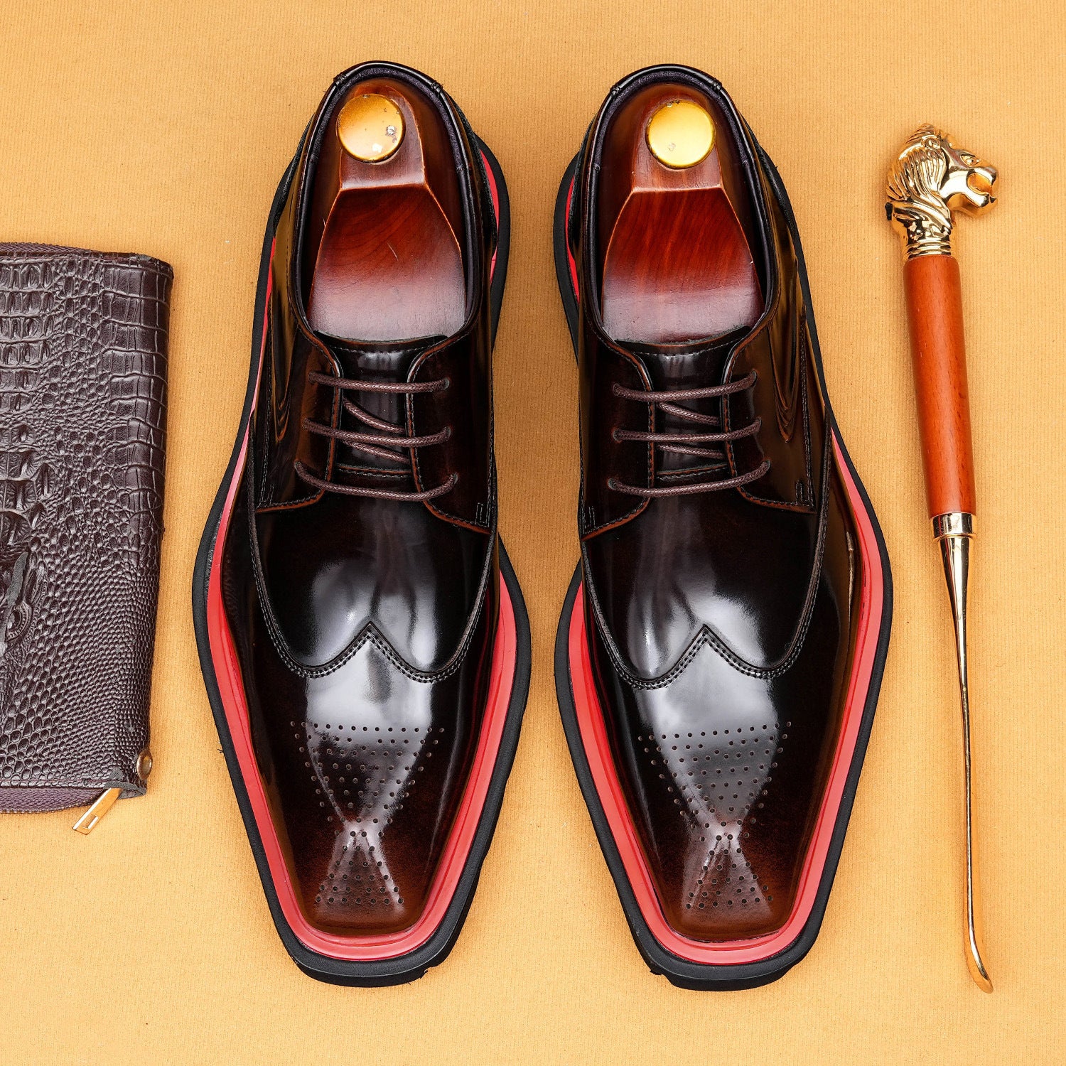 Men’s Brogue Dress Shoes |   British Wingtip Oxfords with Lug Sole & Color Edge 23725