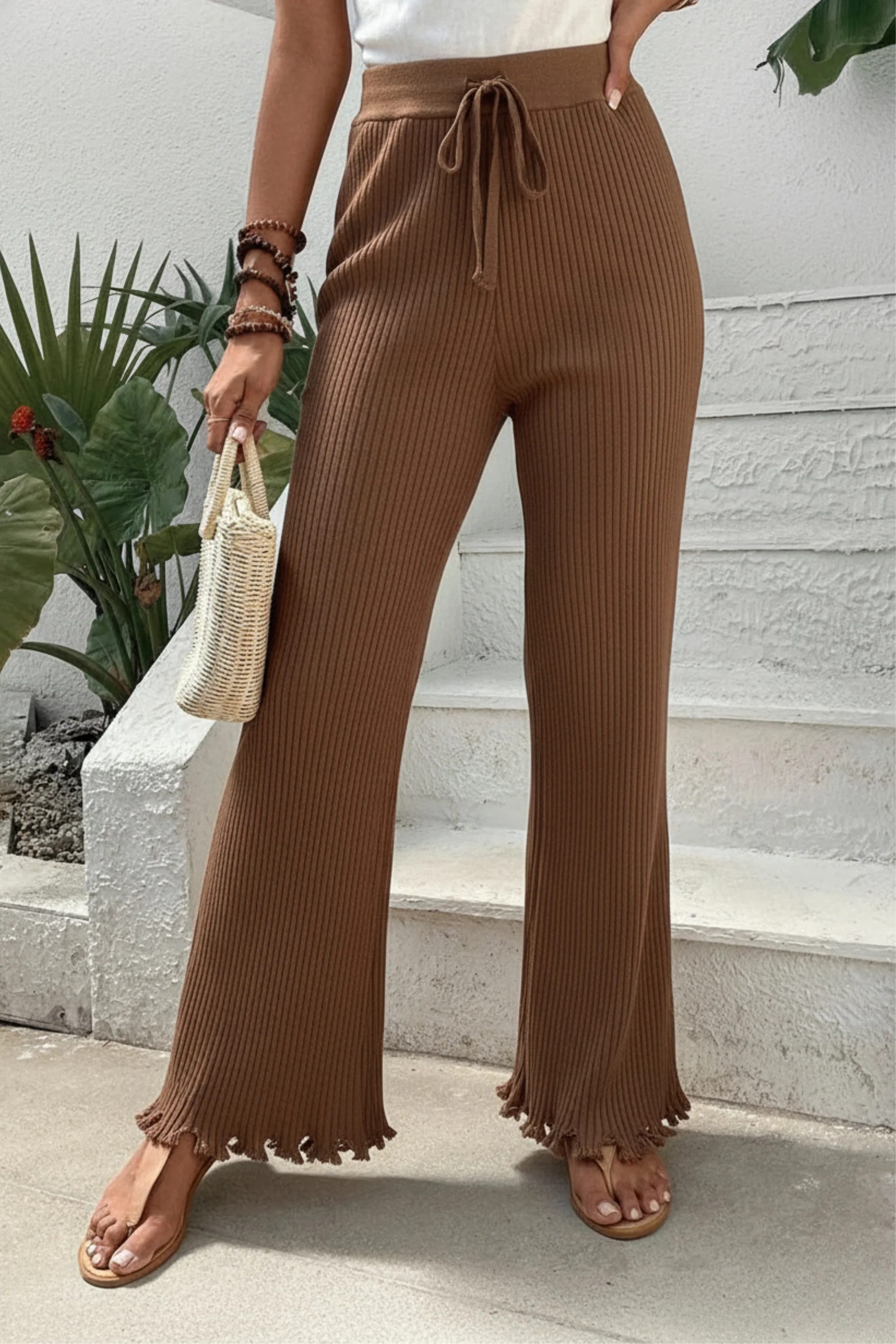 Brown Rib-Knit High Waist Trousers
