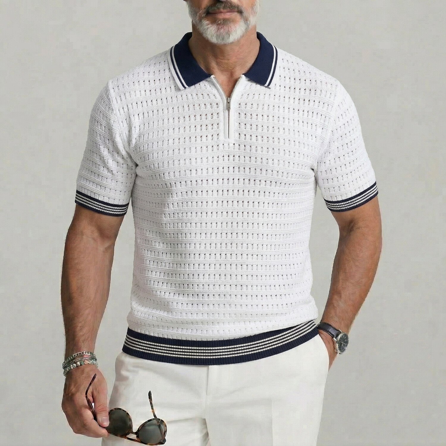 Men's Contrast Binding Hollow Out Short Sleeve Zipper Polo Shirt