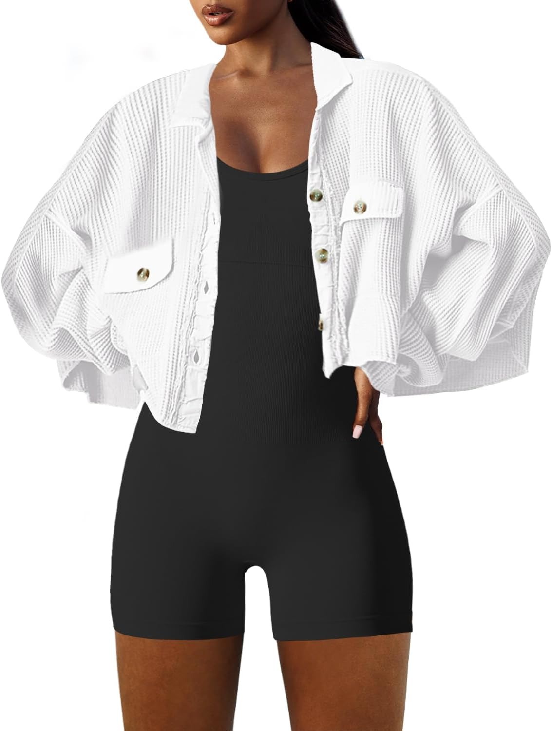 Panadila Women's Cropped Waffle Knit Shacket Short Button Down Jacket Batwing Sleeve Shirts with Pocket