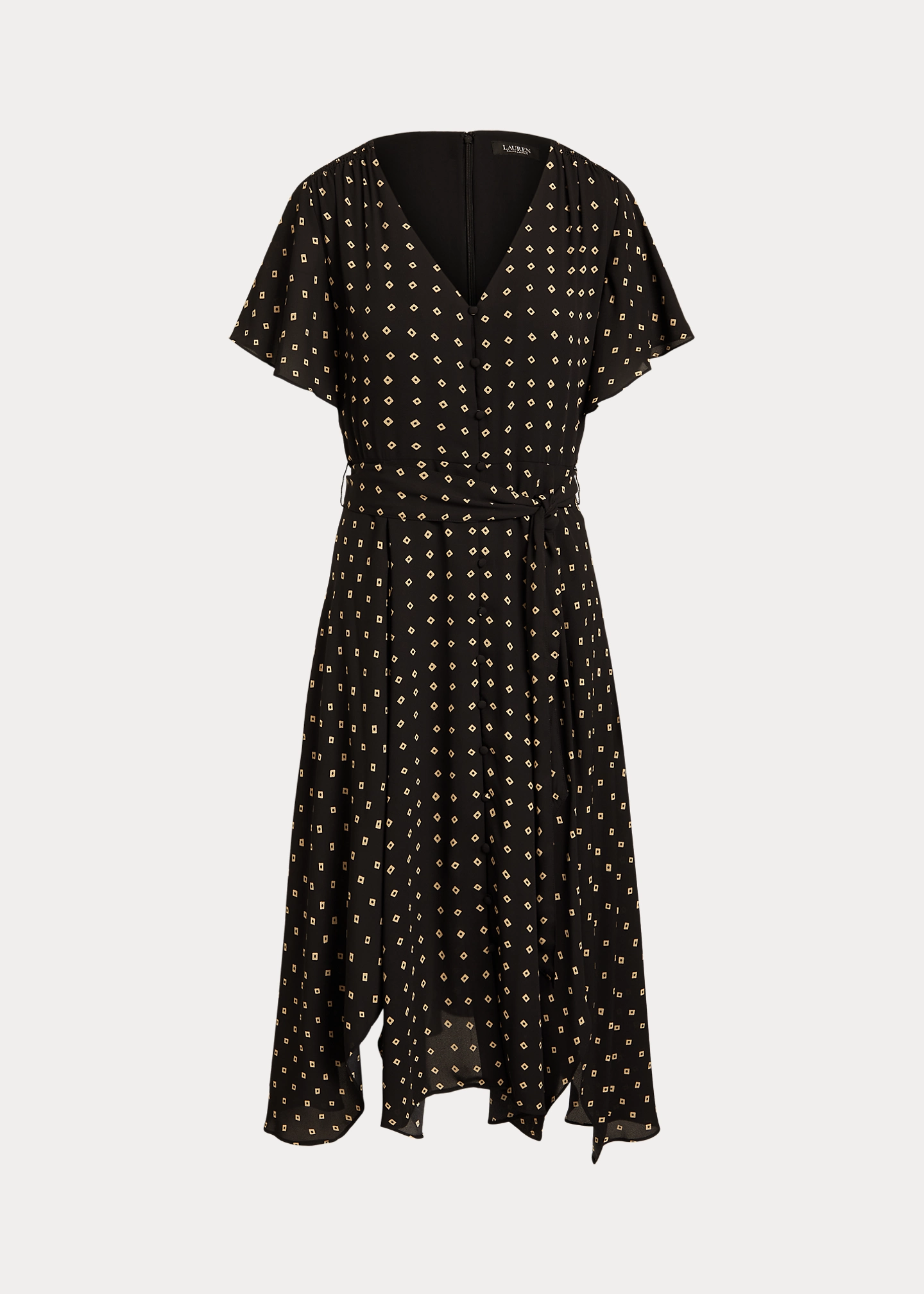 Geo-Print Crepe Flutter-Sleeve Dress