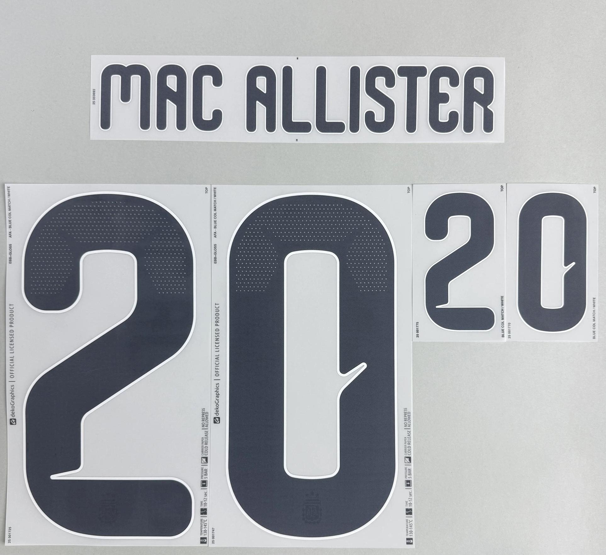 MAC ALLISTER #20 Argentina 2026 World Cup Home Football Soccer Name & Number Set