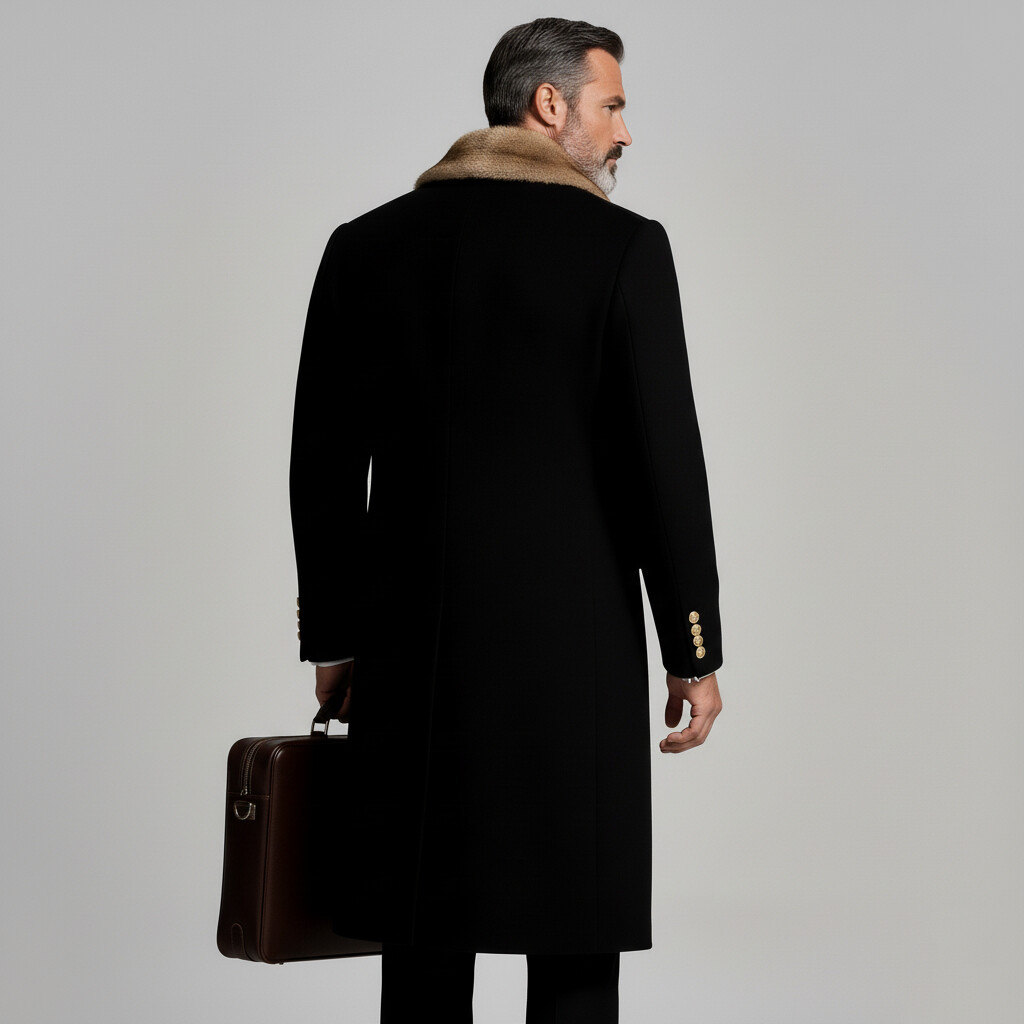 Men's Black Fur Shawl Lapel Double Breasted Long Sleeve Mid-Length Trench Coats